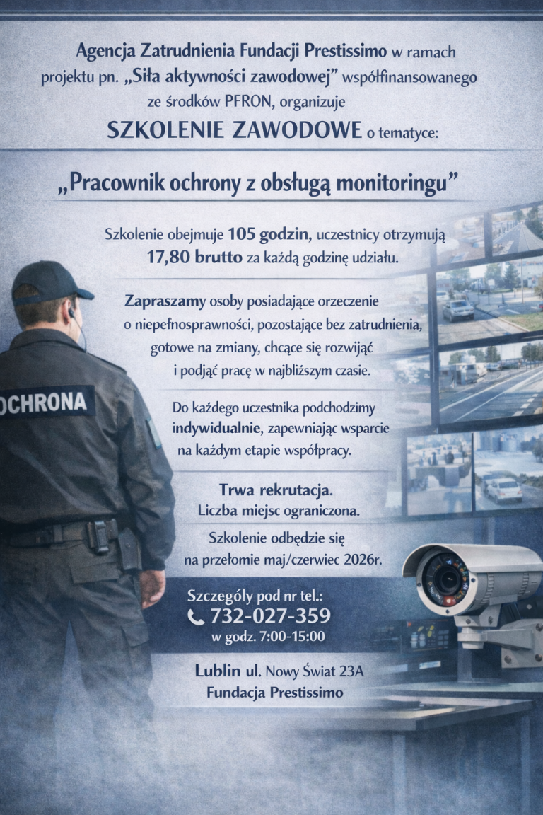 Read more about the article Szkolenie Rekrutacja „Pracownik ochrony z obsługą monitoringu” Zapraszamy!
